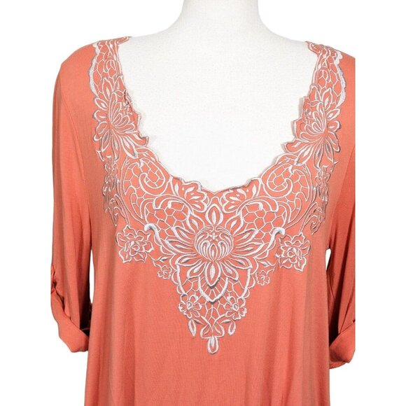 Vintage 80s Womens Tunic Top Large Boho Floral Embroidered Orange Roll Tab - Picture 2 of 8